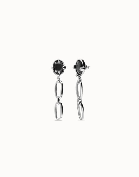 Orecchini pendenti placcati in argento con cristallo nero sfaccettato e maglie